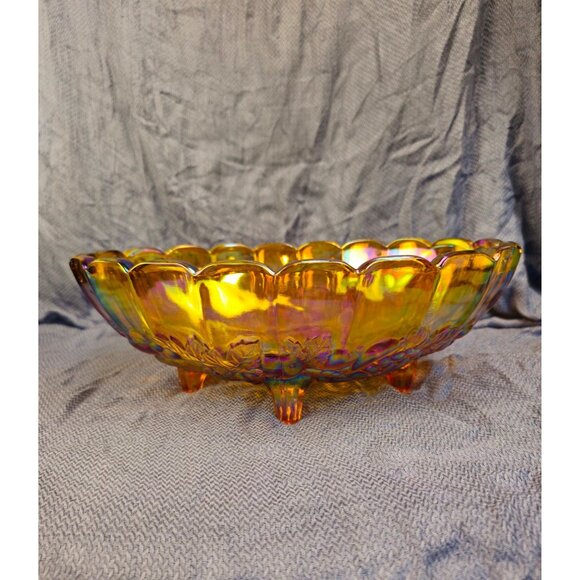 Vintage Marigold Carnival Glass Footed Bowl With Scalloped Edge & Leaf Design 12 - Picture 6 of 8